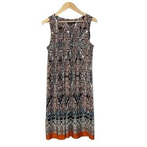 Perceptions New York sleeveless midi dress. Black, orange,blue. Women’s size M
